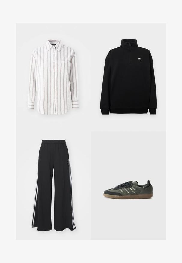 Sweat-shirt noir à fermeture à glissière quart, en tissu doux, avec un col montant, des poignets côtelés et un petit logo Adidas blanc sur la poitrine.; Chemise blanche à manches longues avec des rayures verticales brunes, un col et une poche poitrine. Tissu en coton avec une texture douce.; Pantalons de survêtement larges noirs avec une taille élastique, présentant des rayures blanches sur les côtés et un logo brodé sur la cuisse gauche.; adidas Originals SAMBA OG - Baskets basses - core black/legend earth/gum
