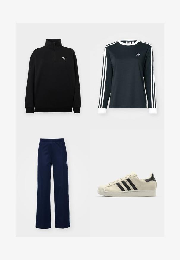 Zwart quarter-zip sweatshirt van zacht materiaal, met een hoge kraag, geribbelde manchetten en een klein wit Adidas-logo op de borst.; Zwart langshirt met witte accenten, met een ronde hals en drie witte strepen op elke mouw. Klein logo op de borst.; Marineblauwe katoenen joggingsbroek met een brede pijpdesign, elastische tailleband en ritszakken, voorzien van witte zijstrepen en logo-detail.; Witte leren sneakers met zwarte strepen, ronde neus, rubberen zool, textuur bovenwerk en vetersysteem. Heeft logo op de hiel.