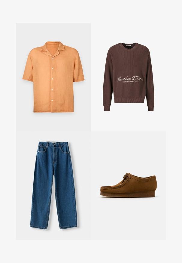 Maglione a coste marrone con scollatura a girocollo. Presenta la scritta bianca "Another Cotton Established 2023" sul davanti e polsini a coste.; Camicia a maniche corte con bottoni in un tessuto di lino arancione chiaro, con colletto a punta e cinque bottoni sul davanti. Texture liscia, design casual.; Jeans in denim blu a vita alta con gamba dritta, dotati di chiusura con bottone e zip, cinque tasche e cuciture a contrasto.; Scarpa in suede marrone con punta rotonda e tacco basso, cuciture dettagliate lungo le cuciture e chiusura con lacci. Texture morbida con design snodato.