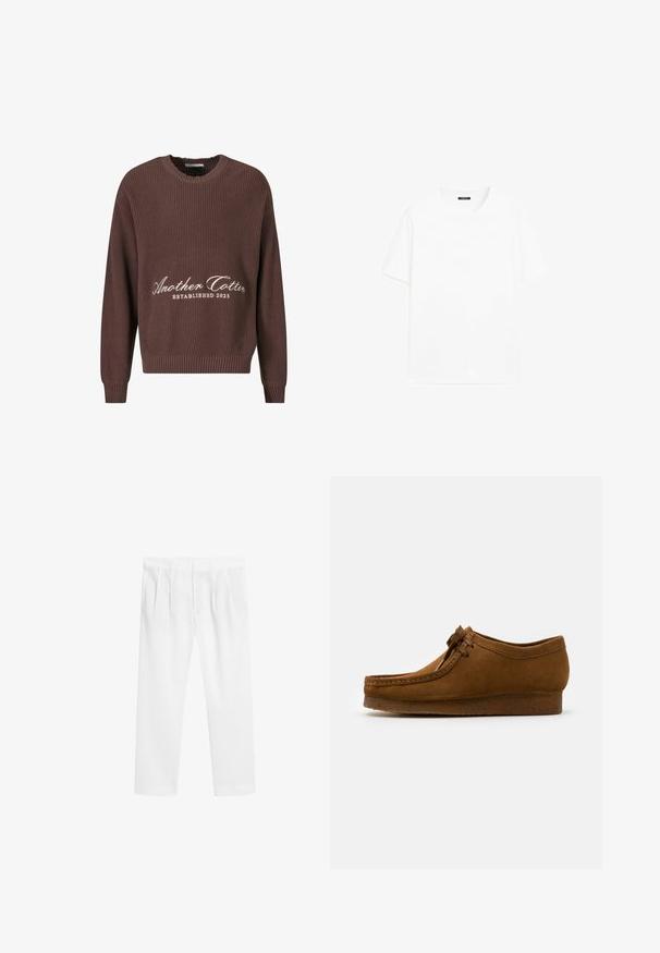 Brauner Rippstrickpullover mit Rundhalsausschnitt. Mit weißem "Another Cotton Established 2023"-Text auf der Vorderseite und gerippten Bündchen.; Weißes Baumwoll-T-Shirt mit kurzen Ärmeln, rundem Ausschnitt und geradem Schnitt. Glatte Textur ohne sichtbare Muster oder Akzente.; Weiße, leichte Hosen mit lässiger Passform. Mit flachem Bund, elastischem Taillenbund und Seitentaschen. Glatte Textur, gerade Beine.; Braune Wildlederschuhe mit runder Spitze und niedrigem Absatz, mit detaillierten Nähten entlang der Nähte und einer Schnürung auf der Vorderseite. Weiche Textur mit schlankem Design.