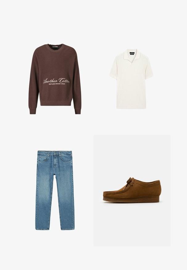 Pull en tricot côtelé marron avec un col rond. Présente un texte blanc "Another Cotton Established 2023" sur le devant et des poignets côtelés.; Polo à manches courtes en crème avec texture côtelée et col plat. Présente un ourlet droit et un matériau doux pour le confort.; Jeans en denim bleu clair avec une coupe droite, un design à cinq poches et un léger délavage. Dotés d'une fermeture à bouton et à zip à la taille.; Chaussure en daim marron avec un bout rond et un petit talon, dotée de coutures détaillées le long des coutures et d'un système de laçage à l'avant. Texture douce avec une conception épurée.
