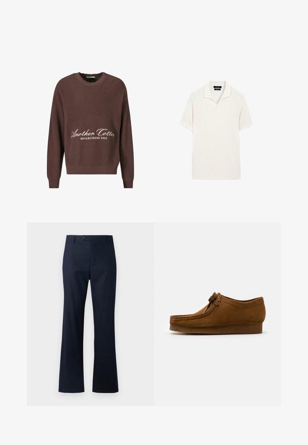 Bruine geribbelde gebreide trui met een ronde halslijn. Bevat witte tekst "Another Cotton Established 2023" aan de voorkant en geribbelde mouwuiteinden.; Korte mouwen polo shirt in crème met geribbelde structuur en een vlakke kraag. Heeft een rechte zoom en een zachte stof voor comfort.; Marineblauwe broek van katoenmix, met een rechte pijpontwerp, enkele knoopsluiting en verlengde zoom.; Bruine suède schoen met een ronde neus en een lage hak, gedetailleerde stiksels langs de naden en een vetersluiting aan de voorkant. Zachte textuur met een gestroomlijnd ontwerp.