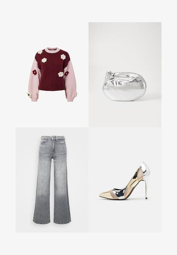 Pleteni pulover z odseki v barvi bordo in roza, okrašen s pletenimi cvetličnimi aplikacijami v roza in bordo na rokavih in telesu.; Sive usnjene široke hlače z gradientom od svetle do temne, s povišanim pasom, petimi žepki in klasičnim gumbom.; Čevlji z visoko peto in konico, v barvni kombinaciji srebrne, zlate in nude. Sijajna obdelava z izrezljanim dizajnom, z igličasto peto.; Srebrna kovinska torbica z mehko, zaobljeno obliko in zavezano zgornjo zaporo. Narejena iz gladkega umetnega usnja.; Srebrne uhane v obliki obroča z minimalističnim dizajnom. Krožna oblika, gladka tekstura in tanek profil. Lahki s poliranim zaključkom.