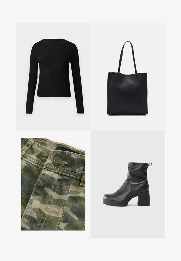 Maglione fitted a maniche lunghe nero a costine con scollo rotondo, esposto su uno sfondo chiaro e semplice.; Tessuto a fantasia mimetica con tonalità di verde e beige, caratteristiche cuciture visibili, un bottone metallico e una texture liscia.; Stivali neri alla caviglia in pelle liscia, con zip laterale, tacco spesso e texture, e punta arrotondata.; Borsa tote in pelle nera con texture liscia, forma rettangolare e due manici lunghi. Nessun hardware o decorazione visibile.