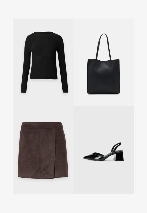 Zwarte geribde langochtriem trui met een ronde halslijn, weergegeven tegen een effen lichte achtergrond.; Bruine faux-suede mini-rok met een gladde textuur, met een zijplooi-detail, een rechte zoom en een aansluitende tailleband.; Zwarte gepatineerde leren slingback hakken met een spitse neus en een geometrische blokhak. Kenmerkt zich door een slank, minimalistisch ontwerp en een gladde textuur.; Zwarte leren handtas met een gladde textuur, rechthoekige vorm en twee lange handvaten. Geen zichtbare hardware of versieringen.
