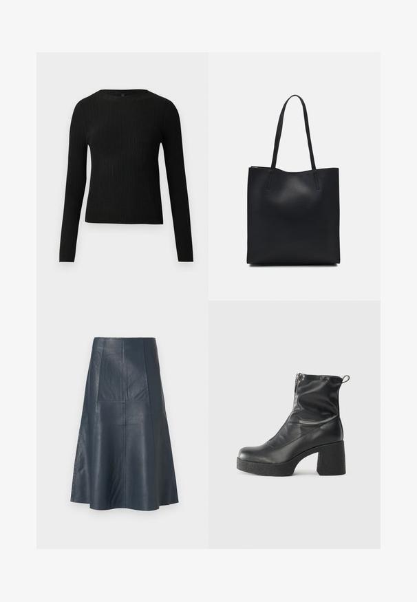 Maglione fitted a maniche lunghe nero a costine con scollo rotondo, esposto su uno sfondo chiaro e semplice.; Gonna in pelle blu scuro con silhouette svasata, caratterizzata da cuciture a pannello e texture liscia. Design alla lunghezza del ginocchio.; Stivali neri alla caviglia in pelle liscia, con zip laterale, tacco spesso e texture, e punta arrotondata.; Borsa tote in pelle nera con texture liscia, forma rettangolare e due manici lunghi. Nessun hardware o decorazione visibile.