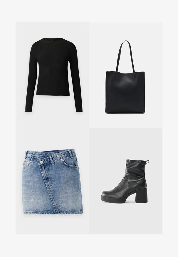 Juoda dryžuota ilga rankovė prigludusi megztinis su apvalia iškirpte, pateiktas prieš paprastą šviesią fono.; Šviesiai mėlynas džinsinis mini sijonas su įstrižomis siūlėmis, dviem priekinėmis kišenėmis ir dviem metaliniais mygtukais liemens srityje. Dėvėtas, faktūrintas paviršius.; Juodos kulkšninių botai, pagaminti iš lygaus odos, su šoniniu užtrauktuku, masyviu tekstūruotu kulnu ir apvaliu pirštu.; Juodas odinis tote krepšys su lygia tekstūra, stačiakampio formos ir dviem ilgais rankenomis. Matomų metalinių detalių ar puošybos nėra.