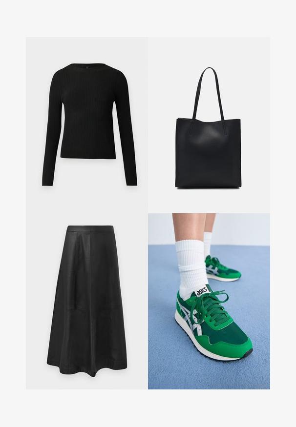 Čierny rebrovaný pulóver s dlhým rukávom, priliehajúci, s okrúhlym výstrihom, vystavený na jednoduchom svetlom pozadí.; Čierna kožená midi sukňa s rozšíreným strihom, so švom a hladkou textúrou. Žiadne viditeľné kovové prvky ani akcenty.; Zelené sieťované a syntetické tenisky s bielymi akcentmi a čiernou gumovou podrážkou. Obsahujú šnúrky, polstrovaný golier a logo ASICS na jazyku.; Čierna kožená taška na rameno s hladkým povrchom, obdĺžnikovým tvarom a dvoma dlhými uchami. Bez viditeľného kovania alebo ozdôb.