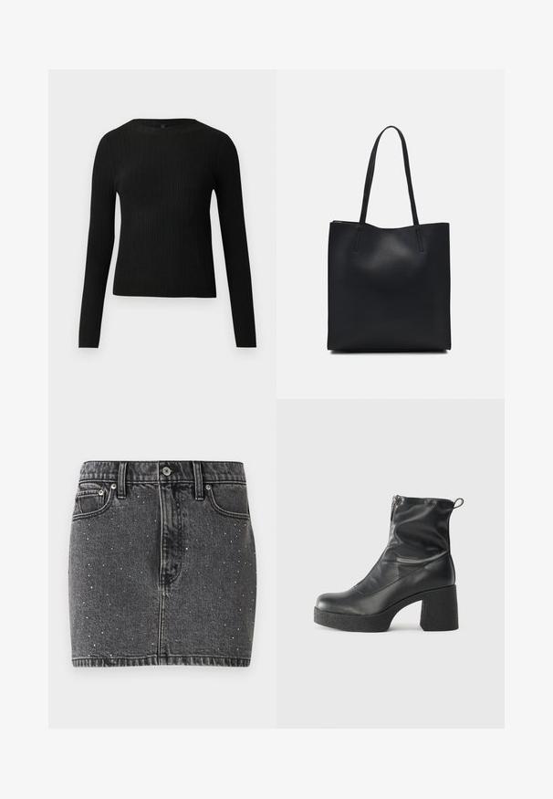 Black ribbed long-sleeve fitted sweater with a round neckline, displayed against a plain light background.; Denim skirt in dark gray with silver stud embellishments. Features a fitted shape, classic five-pocket design, and belt loops.; Black ankle boots made of smooth leather, featuring a side zipper, chunky textured heel, and rounded toe design.; Black leather tote bag with smooth texture, rectangular shape, and two long handles. No visible hardware or embellishments.