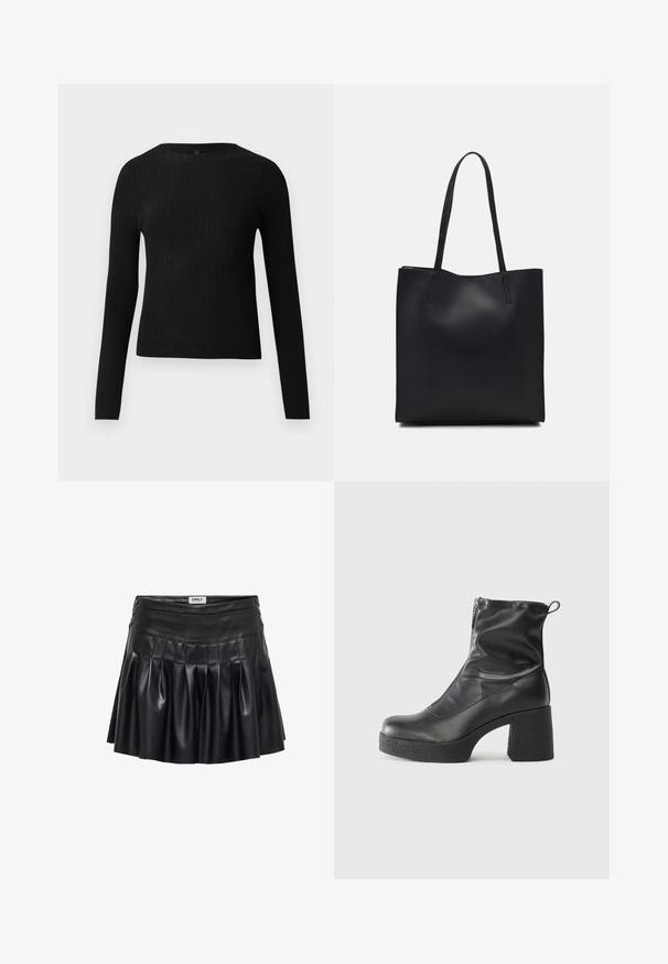 Mustat ribbitetut pitkähihaiset tiukat neuleet, joissa on pyöreä pääntie, esillä yksinkertaisella vaalealla taustalla.; Mustavilla tekonahkahameella, jossa on poimutuksia, istuva vyötärö ja koriste-elementtejä sivuilla. Sileä pinta, jossa on kiiltävä viimeistely.; Mustat nilkkurit, jotka on valmistettu sileästä nahasta. Niissä on sivuvetoketju, paksu teksturoitu korko ja pyöristetty kärki.; Mustapahkainen kangaskassi, jossa on sileä pinta, suorakaiteen muotoinen ja kaksi pitkää kahvaa. Ei näkyvää metalliosaa tai koristeita.