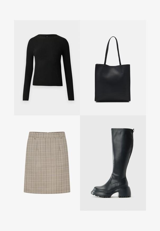 Czarny, prążkowany, dopasowany sweter z długim rękawem i okrągłym dekoltem, wyeksponowany na jednolitym jasnym tle.; Spódnica w kratę z dopasowanym pasem, zawierająca pionowe i poziome linie w kolorach beżowym i brązowym, uszyta z lekkiego materiału.; Wysokie czarne skórzane botki z masywną platformą i słupkowym obcasem, z uchwytem i teksturowanym bieżnikiem na podeszwie.; Czarna skórzana torba tote o gładkiej fakturze, prostokątnym kształcie i dwóch długich uchwytach. Brak widocznych elementów metalowych i ozdób.