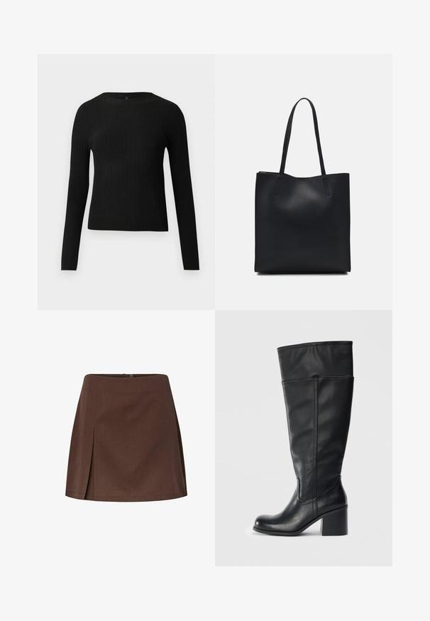 Zwarte geribde langochtriem trui met een ronde halslijn, weergegeven tegen een effen lichte achtergrond.; Bruine A-lijn rok van textuurstof, met een enkele voorplooien en een achterkant met knoopsluiting.; Knielange zwarte leren laarzen met een blokhak, een gladde textuur en stikseldetails langs de zijkanten. Eenvoudig en modern ontwerp.; Zwarte leren handtas met een gladde textuur, rechthoekige vorm en twee lange handvaten. Geen zichtbare hardware of versieringen.
