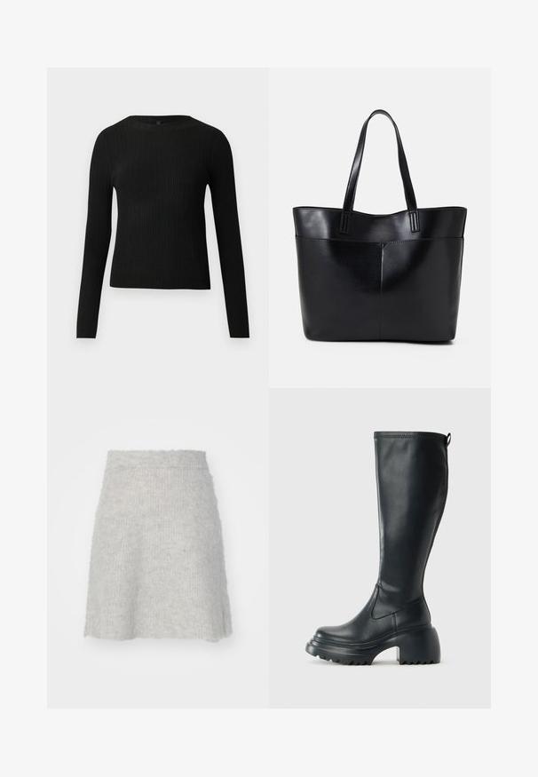 Svart ribbad långärmad åtsittande tröja med rund halsringning, visad mot en enkel ljus bakgrund.; Ljusgrå stickad kjol i mjukt material, med en utsvängd form och lätt strukturerad yta, samt ett elastiskt midjeband.; Höga svarta läderstövlar med kraftig plattformssula och blockklack, med dragflik och strukturerat mönster på yttersulan.; Svart läder tote-väska med två långa handtag, en slät yta och en strukturerad form. Har en framficka för extra förvaring.
