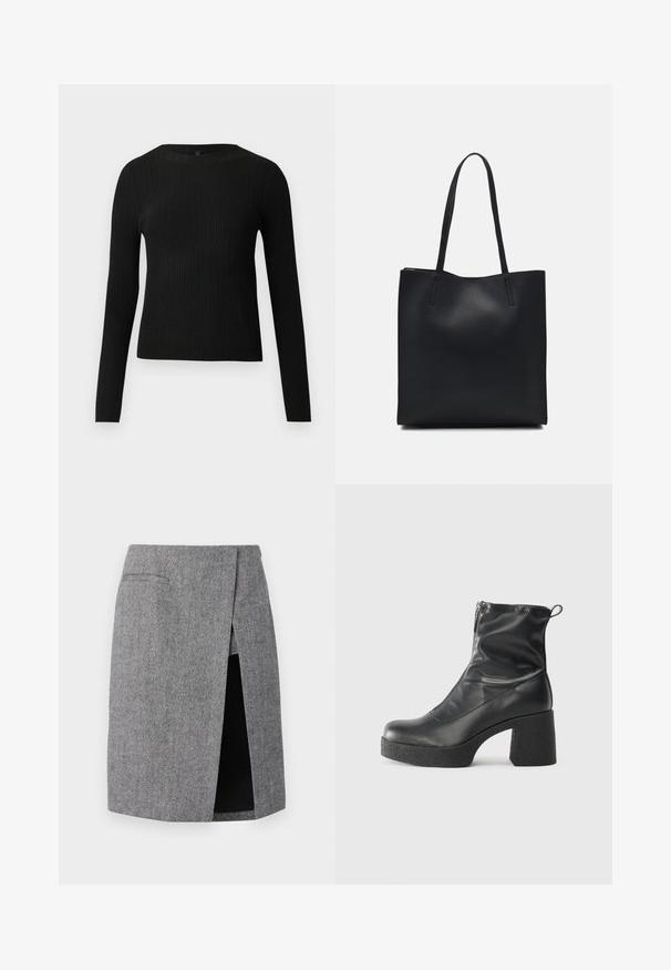 Mustmustriibuline must pikavarsiline sobiv sviiter ümmarguse kaelusega, esitatud helehallil taustal.; Hall griside ruudulise seeliku külgse slitiga, loodud kohandatud lõikes, millel on kaks sisseõmmeldud taskut. Valmistatud tekstuurilisest kangast, et saavutada struktureeritud välimus.; Mustad mustad ansapüksid, mis on valmistatud siledast nahast, külje zipperiga, paksu tekstuuriga kontsaga ja ümmarguse nina disainiga.; Mustast nahast kott sujuva tekstuuriga, ristkülikukujuline ja kahe pika sangaga. Pole nähtavat riistvara ega kaunistusi.