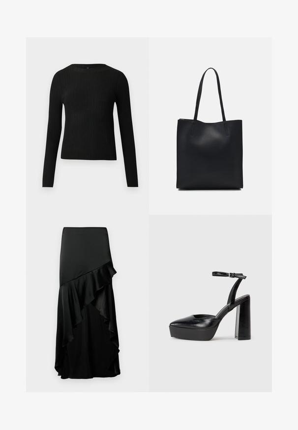Pulover negru cu mâncă lungă, cu textură ribbed, cu decolteu rotund, expus pe un fundal deschis și simplu.; Fustă lungă neagră cu un design stratificat. Prezintă o textură netedă, cu un tiv volanat și o talie ajustată. Confecționată dintr-un material ușor.; Pantofi cu toc platformă negri, cu vârful ascuțit și curea reglabilă la gleznă. Confecționați din piele netedă, având un toc gros.; Geantă tote neagră din piele, cu textură netedă, formă rectangulară și două mânere lungi. Fără hardware vizibil sau ornamente.
