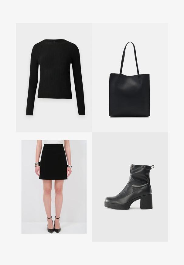 Czarny, prążkowany, dopasowany sweter z długim rękawem i okrągłym dekoltem, wyeksponowany na jednolitym jasnym tle.; Czarna spódnica w kształcie litery A o gładkiej fakturze, dopasowanym pasie i subtelnych bocznych szwach. Zestawiona z błyszczącymi czarnymi szpilkami i srebrnymi bransoletkami.; Czarne botki za kostkę wykonane z gładkiej skóry, wyposażone w boczny zamek błyskawiczny, masywny teksturowany obcas oraz zaokrąglony czubek.; Czarna skórzana torba tote o gładkiej fakturze, prostokątnym kształcie i dwóch długich uchwytach. Brak widocznych elementów metalowych i ozdób.