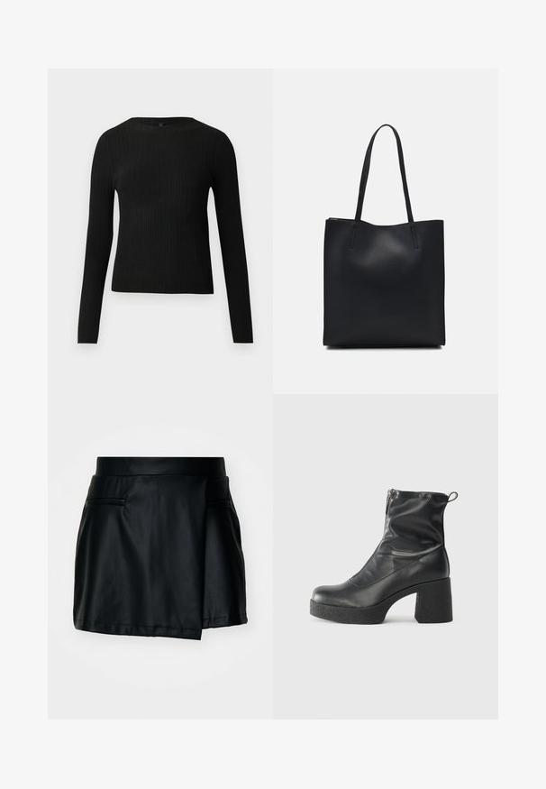 Fekete bordázott, hosszú ujjas, testhez simuló pulóver kerek nyakkivágással, világos, egyszínű háttér előtt kiemelve.; Fekete műbőr mini szoknya, alkalmazott derékkal, sima textúrával és két elülső zsebbel. Enyhén átlapolt dizájn jellemzi.; Fekete bokacsizmák sima bőrből, oldalsó cipzárral, vastag, texturált sarkú és lekerekített orrú dizájnnal.; Fekete bőrtáska sima felszínnel, téglalap alakú, két hosszú füllel. Nincs látható fémkiegészítő vagy díszítés.