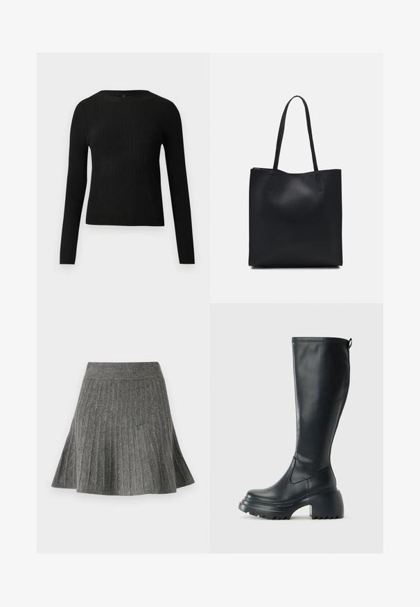 Fekete bordázott, hosszú ujjas, testhez simuló pulóver kerek nyakkivágással, világos, egyszínű háttér előtt kiemelve.; Szürke, pliszírozott szoknya puha anyagból. Jellemzője a bordázott derékpánt és a szélesedő forma, amely texturált megjelenést biztosít.; Magas fekete bőrcipő, vastag platform talppal és blokk sarokkal, húzófüllel és texturált profillal az outsole-on.; Fekete bőrtáska sima felszínnel, téglalap alakú, két hosszú füllel. Nincs látható fémkiegészítő vagy díszítés.