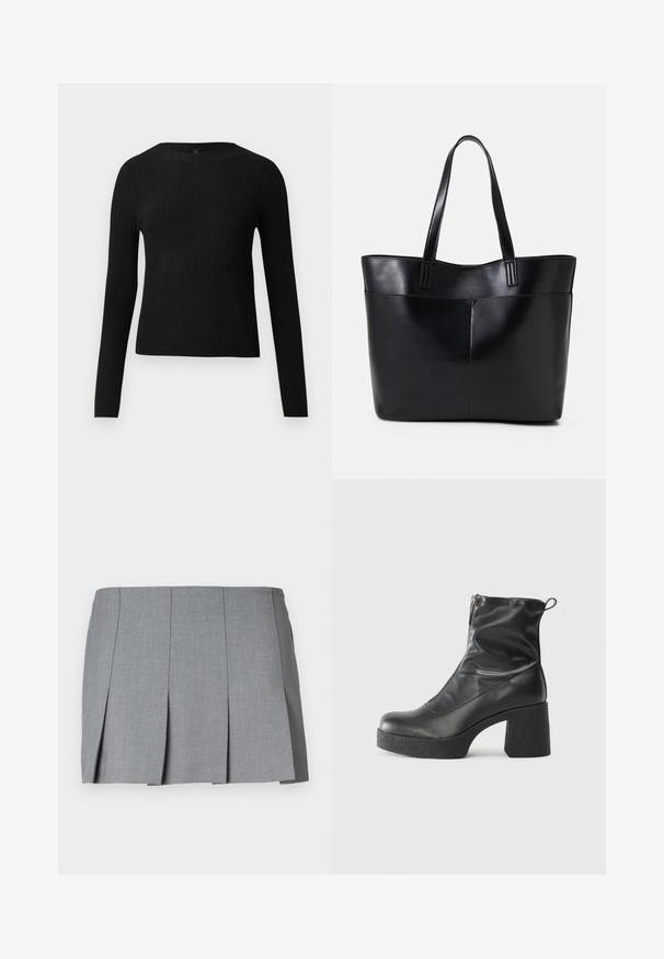 Maglione fitted a maniche lunghe nero a costine con scollo rotondo, esposto su uno sfondo chiaro e semplice.; Gonna grigia plissettata con una texture liscia, design strutturato e vita aderente. Realizzata in un tessuto leggero con un motivo sottile.; Stivali neri alla caviglia in pelle liscia, con zip laterale, tacco spesso e texture, e punta arrotondata.; Borsa a tracolla in pelle nera con due manici lunghi, una texture liscia e una forma strutturata. Presenta una tasca frontale per ulteriore spazio di archiviazione.