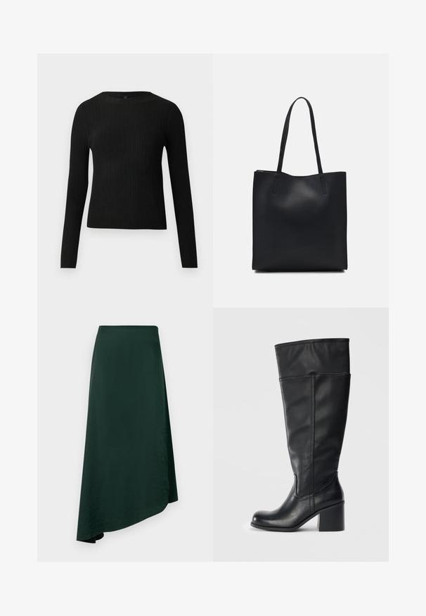 Suéter preto de mangas compridas com textura canelada, justo ao corpo, com um decote redondo, exibido contra um fundo claro e liso.; Saia envolvente verde escura feita de um tecido suave, com um hemline assimétrico e uma cintura sem costura para um design limpo.; Botas de couro pretas até ao joelho, com salto bloco, textura suave e detalhe de costura nas laterais. Design simples e moderno.; Bolsa tote preta em couro com textura lisa, forma retangular e duas alças longas. Sem hardware ou enfeites visíveis.