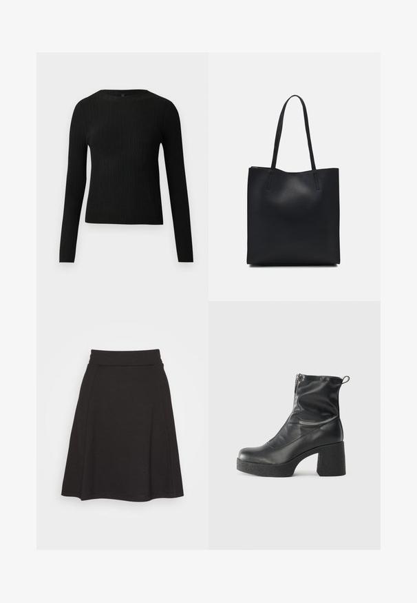 Mustmustriibuline must pikavarsiline sobiv sviiter ümmarguse kaelusega, esitatud helehallil taustal.; Must musträtsa must värviga kahara seelik, mis on valmistatud pehmest kangast ja omab siledat tekstuuri. Kätkeb endas laia vöökohta ja ulatub reie keskele.; Mustad mustad ansapüksid, mis on valmistatud siledast nahast, külje zipperiga, paksu tekstuuriga kontsaga ja ümmarguse nina disainiga.; Mustast nahast kott sujuva tekstuuriga, ristkülikukujuline ja kahe pika sangaga. Pole nähtavat riistvara ega kaunistusi.