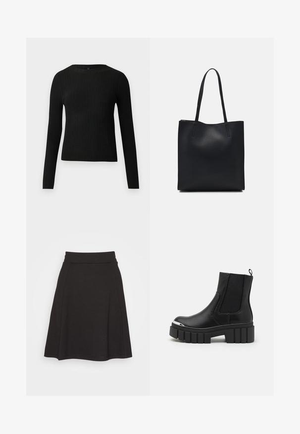 Schwarzer, gerippter, langärmliger, taillierter Pullover mit Rundhalskragen, vor einem schlichten, hellen Hintergrund präsentiert.; Schwarzer, ausgestellter Rock aus einem weichen Stoff mit glatter Textur. Verfügt über einen breiten Bund und fällt bis zur Mitte des Oberschenkels.; Schwarze Knöchelstiefel aus glattem Leder mit elastischen Einsätzen, einer dicken Plattformsohle und einer metallischen Zehenkappe.; Schwarze Laptoptasche aus Leder mit glatter Textur, rechteckiger Form und zwei langen Griffen. Keine sichtbaren Beschläge oder Verzierungen.