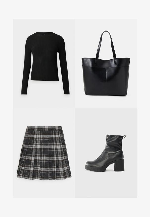 Juoda dryžuota ilga rankovė prigludusi megztinis su apvalia iškirpte, pateiktas prieš paprastą šviesią fono.; ONLY ONLCHELSEA CHECK SKIRT - Klostuotas sijonas - black/white; Juodos kulkšninių botai, pagaminti iš lygaus odos, su šoniniu užtrauktuku, masyviu tekstūruotu kulnu ir apvaliu pirštu.; Juoda odinė rankinė su dviem ilgais diržais, lygiu paviršiumi ir struktūrizuota forma. Yra priekinė kišenė papildomam saugojimui.