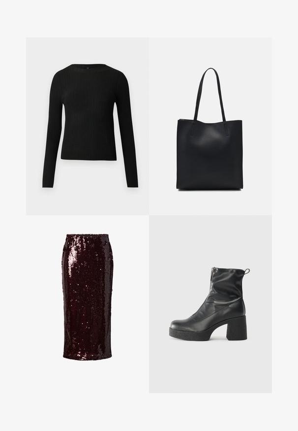 Fekete bordázott, hosszú ujjas, testhez simuló pulóver kerek nyakkivágással, világos, egyszínű háttér előtt kiemelve.; Burgundi színű, flitteres ceruza szoknya, testhez simuló szabással, sima textúrával, térdig érő hosszúságú, fényes, tükröződő felülettel és látható rögzítő nélkül.; Fekete bokacsizmák sima bőrből, oldalsó cipzárral, vastag, texturált sarkú és lekerekített orrú dizájnnal.; Fekete bőrtáska sima felszínnel, téglalap alakú, két hosszú füllel. Nincs látható fémkiegészítő vagy díszítés.