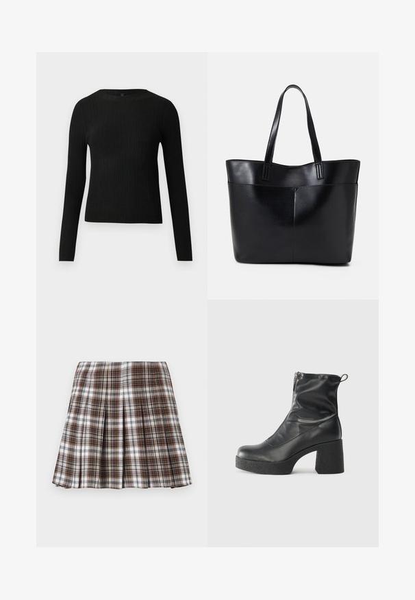 Svart ribbestrikket langermet tettsittende genser med rund hals, vist mot en ensfarget lys bakgrunn.; Brun og hvit rutete plisserte skjørt med en strukturert design og frisk tekstur, som har høy midje og flere vertikale folder.; Svarte ankelstøvler laget av glatt lær, med glidelås på siden, chunky strukturert hæl, og rund tå-design.; Svart lær toteveske med to lange håndtak, en glatt tekstur og en strukturert form. Har en frontlomme for ekstra oppbevaring.