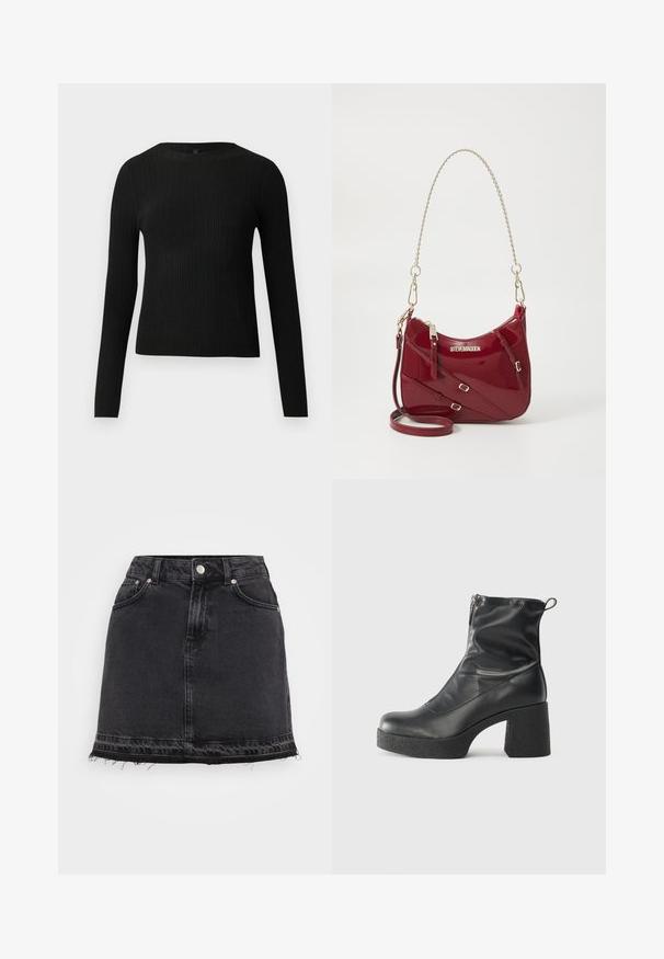 Suéter negro de manga larga ajustado con estampado de canalé y cuello redondo, exhibido sobre un fondo claro y liso.; Minifalda de mezclilla negra con silueta recta, que cuenta con bolsillos frontales, cierre de botón metálico y detalle de dobladillo desflecado.; Botines negros de tobillo, hechos de cuero suave, con cierre lateral, tacón grueso texturizado y diseño de punta redondeada.; Bolso de mano de charol rojo con una forma curva, correa de cadena dorada y adornos decorativos con hebilla; presenta un logotipo en la parte delantera.