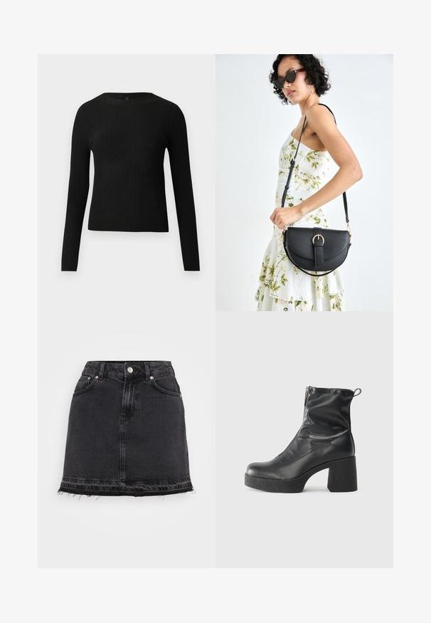 Suéter negro de manga larga ajustado con estampado de canalé y cuello redondo, exhibido sobre un fondo claro y liso.; Minifalda de mezclilla negra con silueta recta, que cuenta con bolsillos frontales, cierre de botón metálico y detalle de dobladillo desflecado.; Botines negros de tobillo, hechos de cuero suave, con cierre lateral, tacón grueso texturizado y diseño de punta redondeada.; Bolso de piel negra con forma curva, correa desmontable y herrajes dorados. El bolso cuenta con una solapa con un detalle de hebilla.
