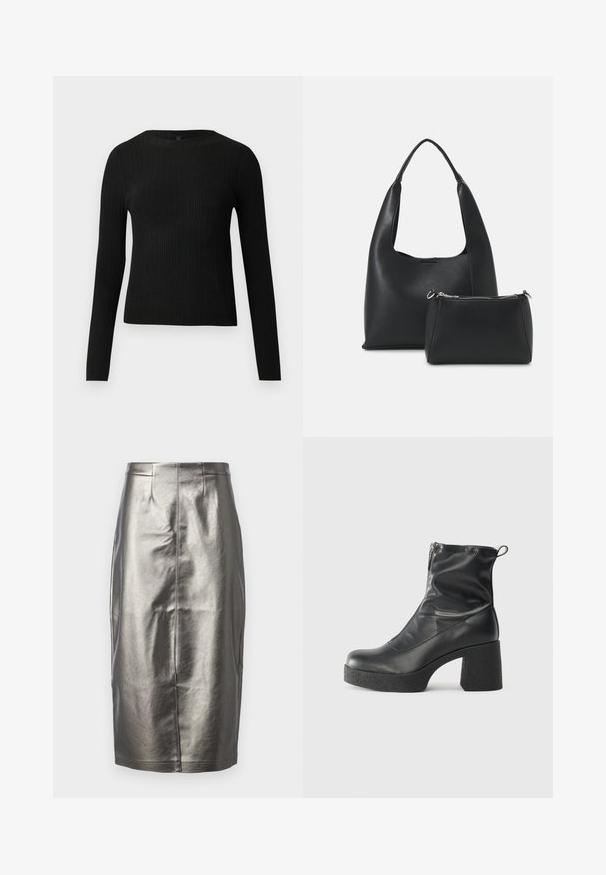Černý žebrovaný dlouhý rukáv těsně padnoucí svetr s kulatým výstřihem, vystavený na jednoduchém světlém pozadí.; Metalická stříbrná tužková sukně z hladkého, lesklého materiálu. Má vysoký pas, rozparek vzadu a detaily ve středovém švu.; Černé kotníkové boty vyrobené z hladké kůže, s bočním zipem, robustním strukturovaným podpatkem a kulatou špičkou.; Even&Odd Kabelka - black