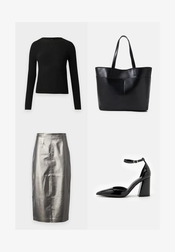 Černý žebrovaný dlouhý rukáv těsně padnoucí svetr s kulatým výstřihem, vystavený na jednoduchém světlém pozadí.; Metalická stříbrná tužková sukně z hladkého, lesklého materiálu. Má vysoký pas, rozparek vzadu a detaily ve středovém švu.; Černá lakovaná vysoká bota na podpatku s úzkým špičatým nosem, zapínáním kolem kotníku a širokým blokovým podpatkem pro stabilitu, s hladkým lesklým povrchem.; Černá kožená taška s dlouhými ušima, hladkým povrchem a strukturovaným tvarem. Obsahuje přední kapsu pro další úložný prostor.