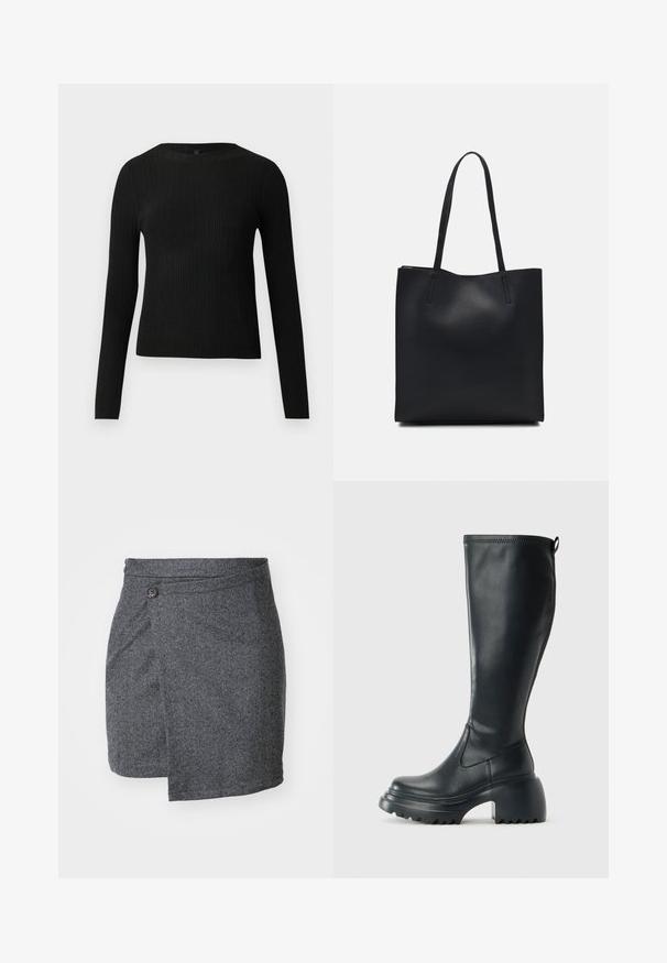 Svart ribbestrikket langermet tettsittende genser med rund hals, vist mot en ensfarget lys bakgrunn.; Grå herringbone omslagsskjørt laget av teksturert ullstoff, med en enkelt knappelukking i midjen og en asymmetrisk fald.; Høy svart lærstøvel med chunky plattformsåle og blokkhelt, med trekkstang og teksturert mønster på yttersålen.; Svart lær tote bag med glatt tekstur, rektangulær form og to lange håndtak. Ingen synlige deler eller dekorasjoner.