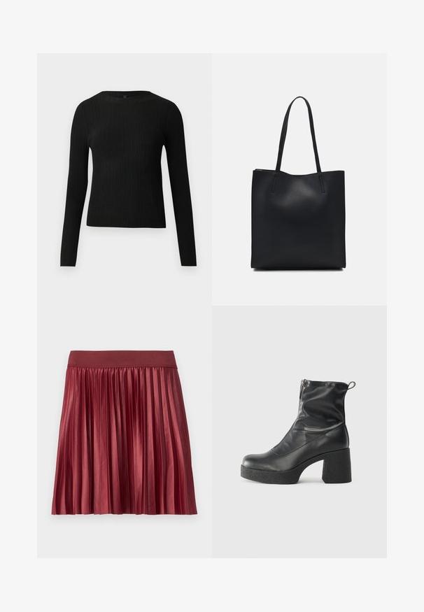 Fekete bordázott, hosszú ujjas, testhez simuló pulóver kerek nyakkivágással, világos, egyszínű háttér előtt kiemelve.; Ráncos szoknya fényes, bordó szövetből, széles, elasztikus derékkal. Hossza térd felett van, és függőleges ráncokkal rendelkezik.; Fekete bokacsizmák sima bőrből, oldalsó cipzárral, vastag, texturált sarkú és lekerekített orrú dizájnnal.; Fekete bőrtáska sima felszínnel, téglalap alakú, két hosszú füllel. Nincs látható fémkiegészítő vagy díszítés.