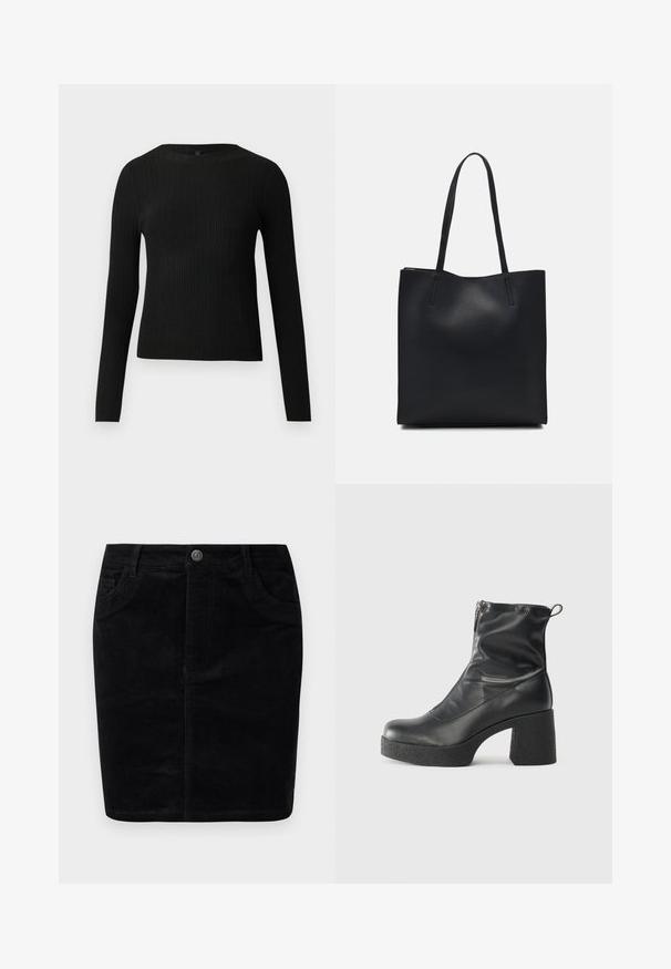 Čierny rebrovaný pulóver s dlhým rukávom, priliehajúci, s okrúhlym výstrihom, vystavený na jednoduchom svetlom pozadí.; Čierna kordová sukňa s rovný strihom, zapínaním na gombíky, prednými vreckami, žebrovanou textúrou a matným povrchom.; Čierne členkové topánky z hladkej kože, so bočným zipsom, robustnou textúrovanou pätnou časťou a zaobleným dizajnom špičky.; Čierna kožená taška na rameno s hladkým povrchom, obdĺžnikovým tvarom a dvoma dlhými uchami. Bez viditeľného kovania alebo ozdôb.