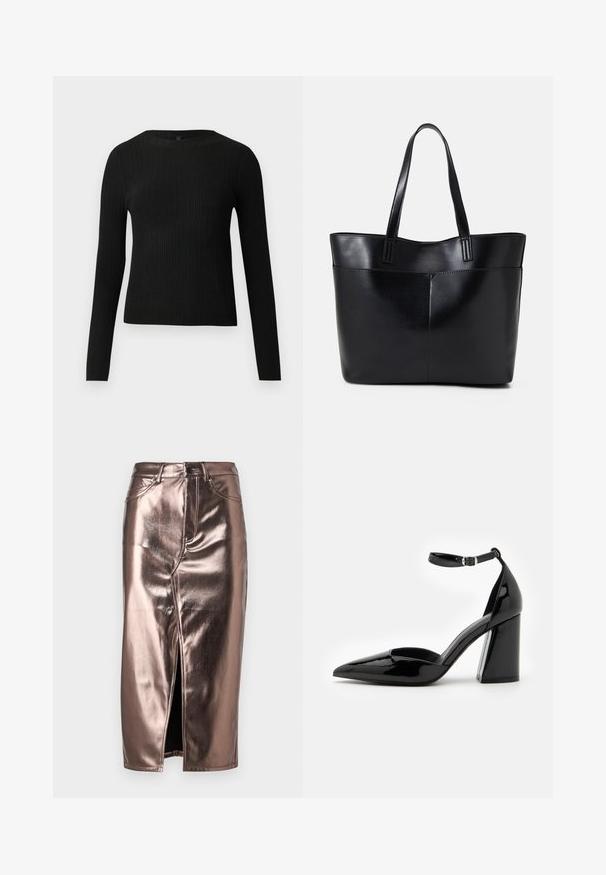 Juoda dryžuota ilga rankovė prigludusi megztinis su apvalia iškirpte, pateiktas prieš paprastą šviesią fono.; Metalinis bronzinis midi sijonas su priekine įpjova, pasižymintis klasikinio džinsinio stiliaus, penkiomis kišenėmis ir sagos užsegimu ties juosmeniu.; Juodas lakinės odos aukštakulnis batelis su smailiu pirštu, kulkšnies dirželiu ir plačiu bloku, užtikrinančiu stabilumą, su lygiu blizgiu paviršiumi.; Juoda odinė rankinė su dviem ilgais diržais, lygiu paviršiumi ir struktūrizuota forma. Yra priekinė kišenė papildomam saugojimui.