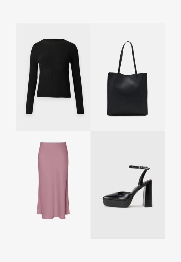 Juoda dryžuota ilga rankovė prigludusi megztinis su apvalia iškirpte, pateiktas prieš paprastą šviesią fono.; Rožinė, iki kelių siekanti sijonas su elegantišku dizainu, turintis šoninę skeltą ir lygų paviršių. Pagamintas iš minkštos, lengvos medžiagos.; Juodi platforminiai aukšti kulniukai su smailiu kojų pirštu ir reguliuojamu kulkšnies dirželiu. Pagaminti iš lygaus odos, turi masyvų blokinį kulną.; Juodas odinis tote krepšys su lygia tekstūra, stačiakampio formos ir dviem ilgais rankenomis. Matomų metalinių detalių ar puošybos nėra.