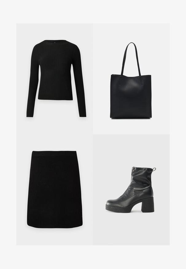 Μαύρο ριμπ πλεκτό πουλόβερ με μακρύ μανίκι και στρογγυλή λαιμόκοψη, παρουσιαζόμενο σε απλή ανοιχτόχρωμη φόντο.; Μαύρη φούστα από υφασμάτινη υφή με ραβδωτή ζώνη, διαθέτοντας ίσια γραμμή και χωρίς ορατό υλικό ή σχέδια.; Μαύρες μποτές μέχρι τον αστράγαλο από λείο δέρμα, με πλευρικό φερμουάρ, χοντρό υφασμάτινο τακούνι και στρογγυλή μύτη.; Μαύρη δερμάτινη τσάντα tote με λείο υφή, ορθογώνιο σχήμα και δύο μακριές λαβές. Χωρίς ορατό υλικό ή διακοσμητικά στοιχεία.