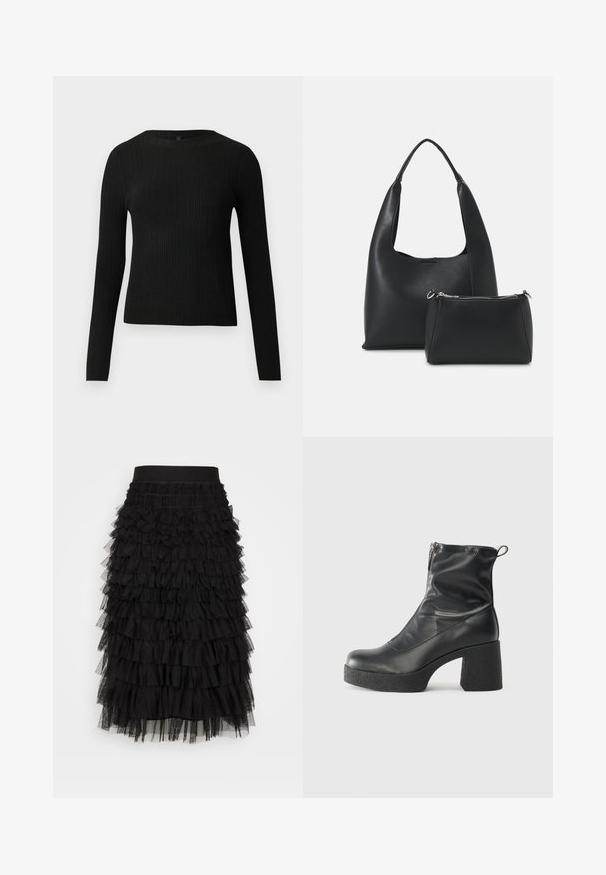 Fekete bordázott, hosszú ujjas, testhez simuló pulóver kerek nyakkivágással, világos, egyszínű háttér előtt kiemelve.; Fekete, réteges szoknya, rugalmas derékkal, több rétegben összegyűrt fodrokkal és puha tüll textúrával, amely térfogatot és mozgást kölcsönöz.; Fekete bokacsizmák sima bőrből, oldalsó cipzárral, vastag, texturált sarkú és lekerekített orrú dizájnnal.; Even&Odd Kézitáska - black