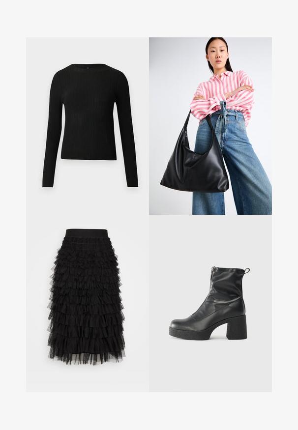 Fekete bordázott, hosszú ujjas, testhez simuló pulóver kerek nyakkivágással, világos, egyszínű háttér előtt kiemelve.; Fekete, réteges szoknya, rugalmas derékkal, több rétegben összegyűrt fodrokkal és puha tüll textúrával, amely térfogatot és mozgást kölcsönöz.; Fekete bokacsizmák sima bőrből, oldalsó cipzárral, vastag, texturált sarkú és lekerekített orrú dizájnnal.; Fekete bőr válltáska, laza formával és varrás részletekkel. A model egy rózsaszín és fehér csíkos inget visel széles szárú kék farmernadrággal.
