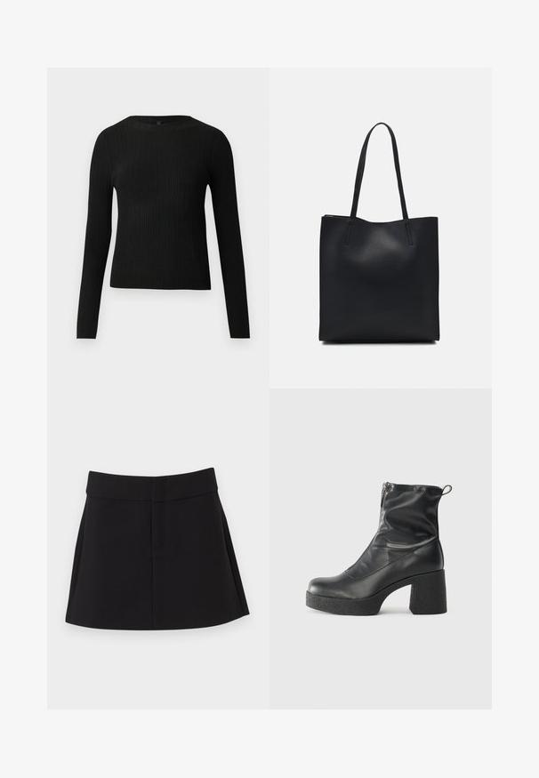 Maglione fitted a maniche lunghe nero a costine con scollo rotondo, esposto su uno sfondo chiaro e semplice.; Gonna nera con vita aderente, design plissettato e tasche laterali nascosti. Realizzata in tessuto leggero con una consistenza liscia.; Stivali neri alla caviglia in pelle liscia, con zip laterale, tacco spesso e texture, e punta arrotondata.; Borsa tote in pelle nera con texture liscia, forma rettangolare e due manici lunghi. Nessun hardware o decorazione visibile.