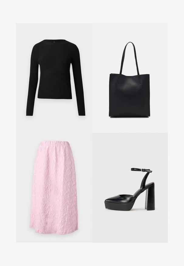 Black ribbed long-sleeve fitted sweater with a round neckline, displayed against a plain light background.; Light pink, knee-length skirt with a textured, crinkled design. Elastic waistband for comfort and ease of wear. No visible fastening.; Black platform heels with a pointed toe and adjustable ankle strap. Constructed from smooth leather, featuring a chunky block heel.; Black leather tote bag with smooth texture, rectangular shape, and two long handles. No visible hardware or embellishments.