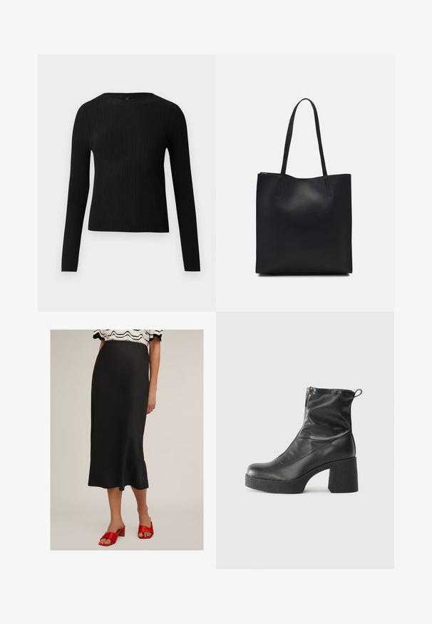 Mustat ribbitetut pitkähihaiset tiukat neuleet, joissa on pyöreä pääntie, esillä yksinkertaisella vaalealla taustalla.; Musta satiinimidi-hame, jossa on sileä pinta ja lievä flare helman kohdalla, yhdistettynä punaisiin blokkikorko-sandaaleihin.; Mustat nilkkurit, jotka on valmistettu sileästä nahasta. Niissä on sivuvetoketju, paksu teksturoitu korko ja pyöristetty kärki.; Mustapahkainen kangaskassi, jossa on sileä pinta, suorakaiteen muotoinen ja kaksi pitkää kahvaa. Ei näkyvää metalliosaa tai koristeita.