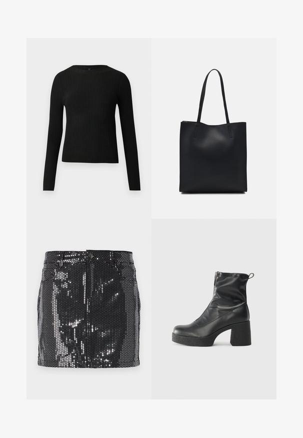Maglione fitted a maniche lunghe nero a costine con scollo rotondo, esposto su uno sfondo chiaro e semplice.; Gonna mini nera in paillettes con un design aderente, chiusura con bottoni e una texture lucida che riflette la luce. Orlo dritto e tasche funzionali.; Stivali neri alla caviglia in pelle liscia, con zip laterale, tacco spesso e texture, e punta arrotondata.; Borsa tote in pelle nera con texture liscia, forma rettangolare e due manici lunghi. Nessun hardware o decorazione visibile.