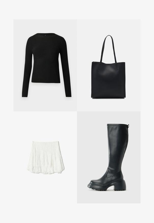 Črna rebrasta dolgosleeve prilegnjena pulover s krožnim ovratnikom, prikazan na enostavni svetli podlagi.; Bela, teksturirana mini krila s slojevitim, volanastim robom. Narejena iz lahkega materiala, s gubanim videzom in elastičnim pasom.; Visoka črna usnjena škornja s debelim podplatnim solejem in blok peto, opremljena s potegom in strukturiranim profilom na podplatu.; Črna usnjena torba s svilnato teksturo, pravokotne oblike in dvema dolgima ročajema. Brez vidnih metalnih delov ali okrasnih elementov.