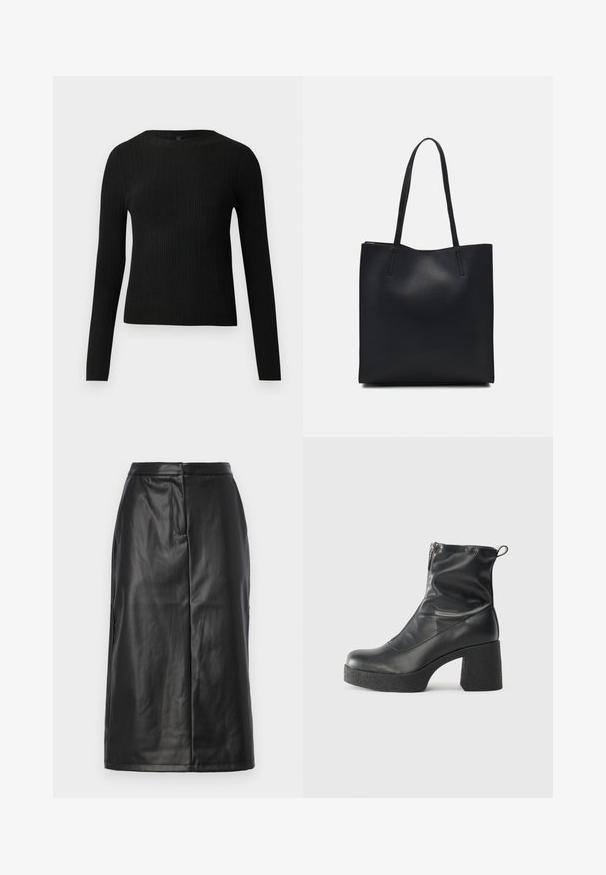 Suéter preto de mangas compridas com textura canelada, justo ao corpo, com um decote redondo, exibido contra um fundo claro e liso.; Saia de couro preto com uma silhueta ajustada, apresentando uma textura suave, design de comprimento médio e detalhes de costura subtis. Sem accents de hardware.; Botas de tornozelo pretas feitas de couro liso, com fecho lateral, salto grosso texturizado e design de bico arredondado.; Bolsa tote preta em couro com textura lisa, forma retangular e duas alças longas. Sem hardware ou enfeites visíveis.