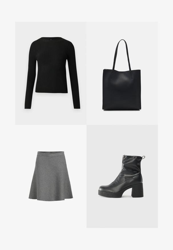 Suéter preto de mangas compridas com textura canelada, justo ao corpo, com um decote redondo, exibido contra um fundo claro e liso.; Saia cinza com corte evasê, feita de um tecido suave, apresentando uma cintura lisa e uma bainha que se alarga delicadamente, com uma textura subtil e sem padrões.; Botas de tornozelo pretas feitas de couro liso, com fecho lateral, salto grosso texturizado e design de bico arredondado.; Bolsa tote preta em couro com textura lisa, forma retangular e duas alças longas. Sem hardware ou enfeites visíveis.