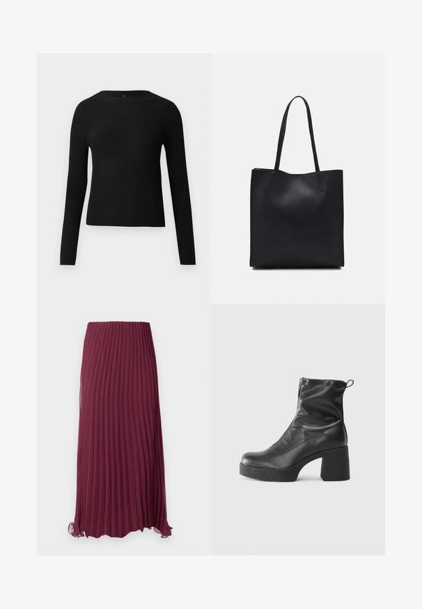 Svart ribbestrikket langermet tettsittende genser med rund hals, vist mot en ensfarget lys bakgrunn.; Lang burgunderfarget plissert skjørt laget av lett materiale med elastisk liv og en lett volangkant. Teksturert vertikale folder gjennom hele.; Svarte ankelstøvler laget av glatt lær, med glidelås på siden, chunky strukturert hæl, og rund tå-design.; Svart lær tote bag med glatt tekstur, rektangulær form og to lange håndtak. Ingen synlige deler eller dekorasjoner.