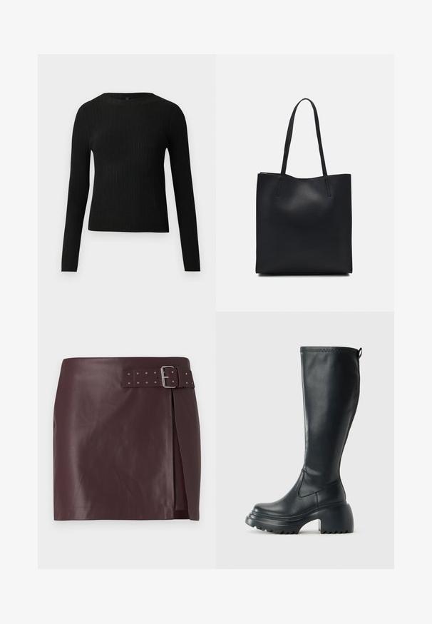 Black ribbed long-sleeve fitted sweater with a round neckline, displayed against a plain light background.; Burgundy faux leather skirt with a belted waist and metallic buckle, featuring a side slit and smooth, polished texture.; Tall black leather boot with chunky platform sole and block heel, featuring pull tab and textured tread on outsole.; Black leather tote bag with smooth texture, rectangular shape, and two long handles. No visible hardware or embellishments.